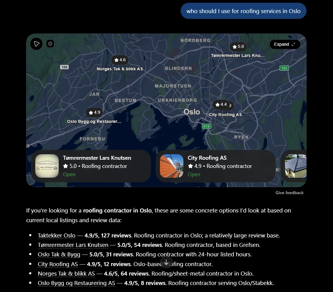 ChatGPT answering "who should I use for roofing services in Oslo" with a map and six named roofing contractors, each with a star rating and review count.