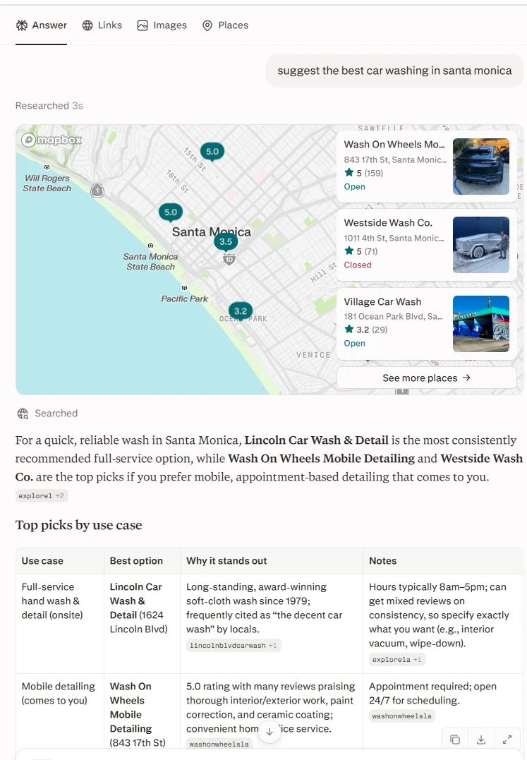 A Perplexity answer to "suggest the best car washing in santa monica", naming three car washes on a map and attaching source chips to the sentences that recommend them.
