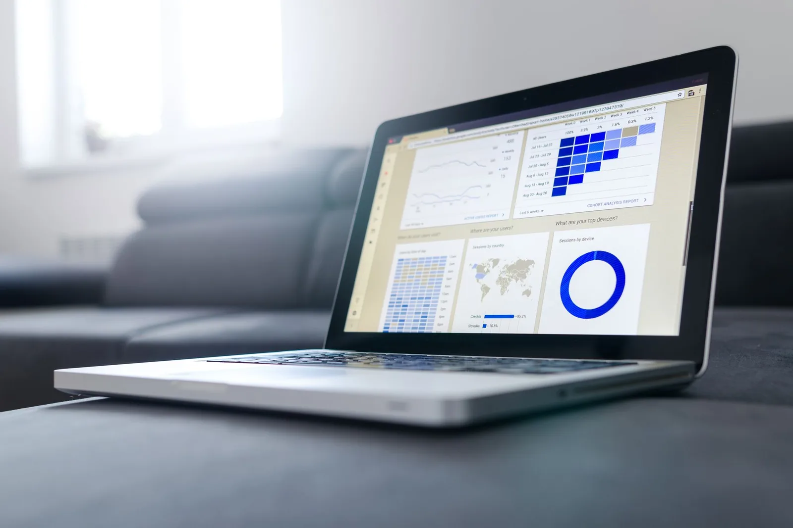 A laptop open on a dashboard of charts, the kind of tracking that does not cover assistant answers.
